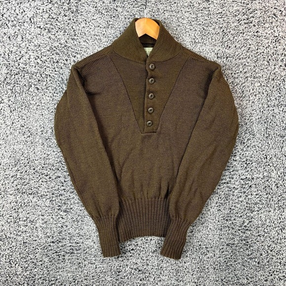 VINTAGE Military Sweater Mens Small Brown 100% Wool Sebo Knit Henley Cowl Army‎ - Picture 1 of 9